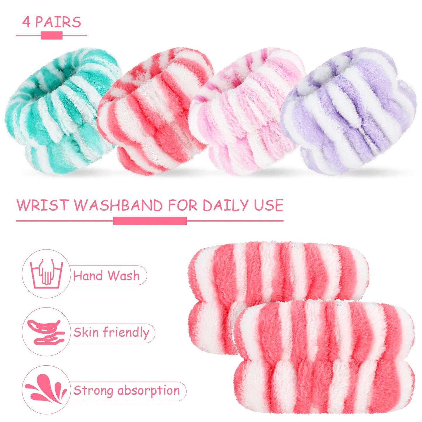 Chuangdi 4 Pairs Wrist Spa Washband Microfiber Washing Face Wrist Wash Towel Band Wristband Scrunchies Absorbent Wrist Sweatband for Women Prevent Liquid from Spilling (Classic Striped)