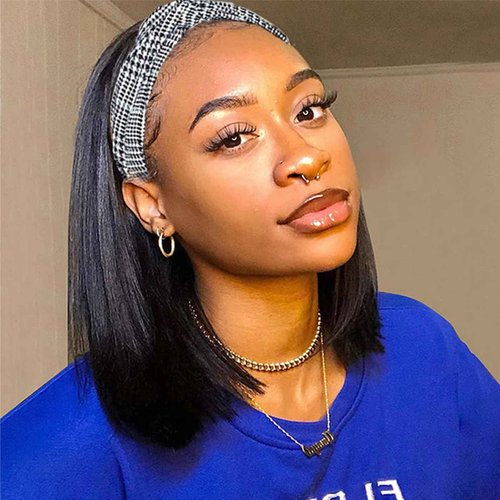 Headband Wig Human Hair Straight Headband Wigs for Black Women Glueless None Lace Front Human Hair Half Wig Brazilian Virgin Hair Machine Made Wigs Natural Color 150% Density 12 Inch