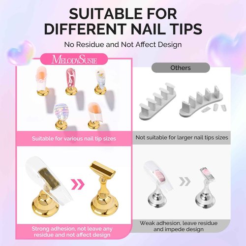 MelodySusie Nail Stand for Press Ons, Blue Heart Shape Magnetic Base for Practice Display Tips with Brush Holder and 100 Pcs Reusable Double-Sided Tape for Home DIY Salon Supplies