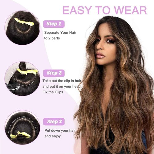 Human Hair Clip Extensions - Chocolate Brown to Caramel Blonde Ombre Highlight V Shape - 14" 70G 4/27 One Hairpiece 3/4 Full Head Balayage With 5 Secure Clips
