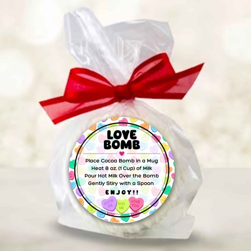 Love Bomb Stickers for Hot Cocoa Bomb Box | 250 pc Roll Bulk Packaging 2” Label Tag Instructions Ingredients for Holiday Valentine’s Candy Heart Background Hot Chocolate Bomb