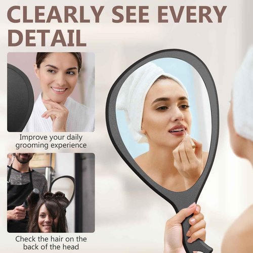 Large Handheld Mirror with Handle - 10.5" W x 19.5" L Extra Large Size to See The Entire Back of Your Head, Clear Without Distortion, Ergonomic Handle with Hanging Hole for Hanging, Oval, Black