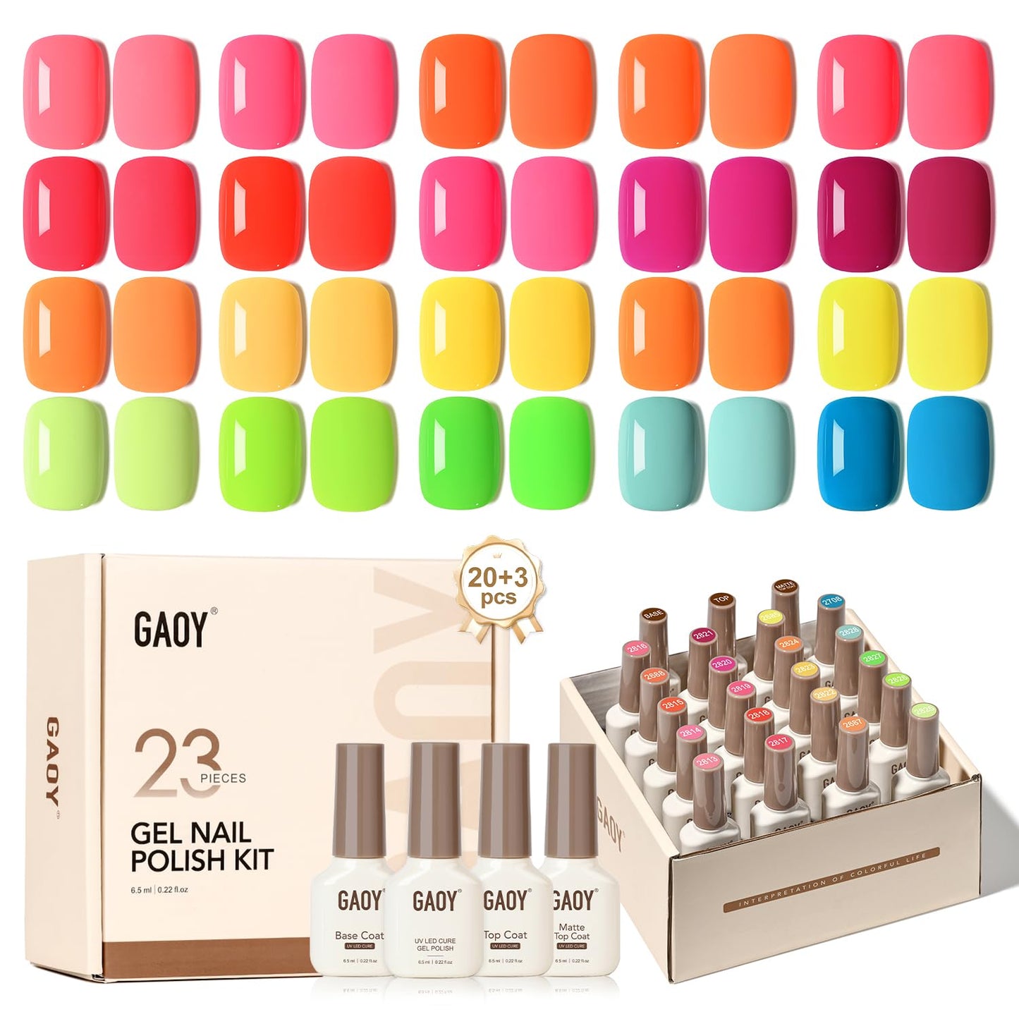 GAOY 23 Pcs Gel Nail Polish Kit, Bright Neon Rainbow Colors UV Gel Nail Polish Set with Glossy & Matte Top Coat and Base Coat for Nail Art DIY Gel Nail Kit