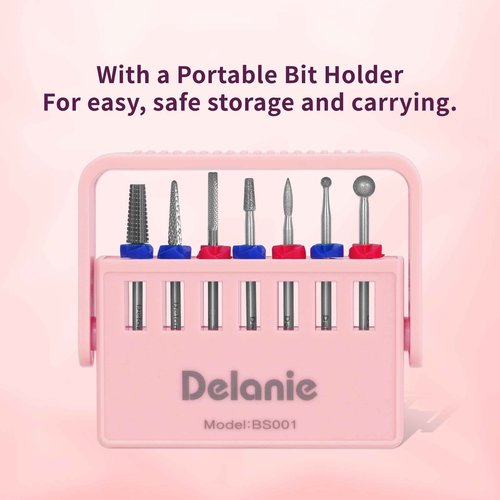 Delanie Professional Nail Drill Bit Set, 7 Pieces with Holder, Carbide and Diamond Bits, Model BS001