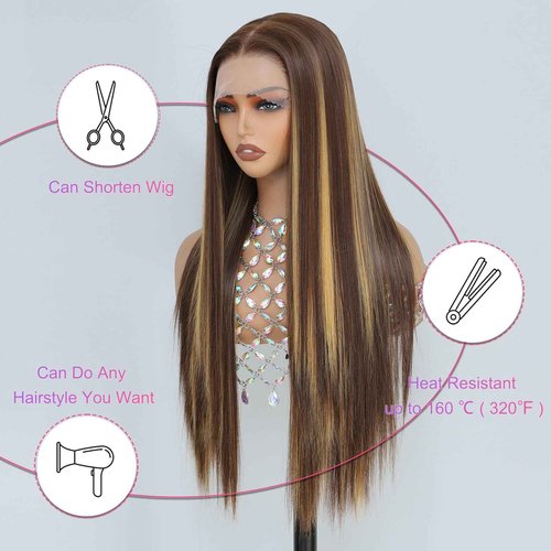 Barbique Synthetic Lace Front Wig, Honey Blonde Wig 13x6 Hd Lace Pre-Plucked Long Straight Highlights Glueless Wigs for Black Women 26 Inch Suitable for Everyday Wear