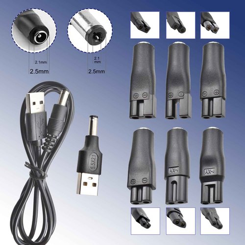 8-in-1 USB 5V Charger Adapter Kit,Compatible with Electric Hair Clippers, Beard Trimmers Charger, Shavers, Beauty Instruments. Includes 6 Adapter Tips, 1 DC5521 Cable, 1 USB Plug
