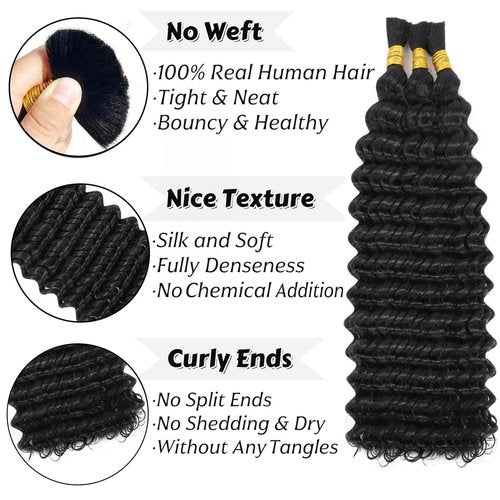 Human Braiding Hair for Boho Braids Deep Wave Bulk Human Hair 120g 14 Inch 12A Knotless Boho Braiding Curly 100% Virgin No Weft Extensions Bohemian Braids 3 Bundles/Pack Natural Color
