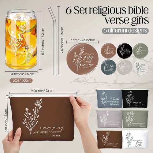 Fumete 6 Set 6 Set Christian Gifts for Women Bulk Religious Makeup Bag Bible Verse Glass Cup Mini Christian Compact Mirror Regalos Cristianos En Español for Christmas Church Gifts (Neutral Colors)