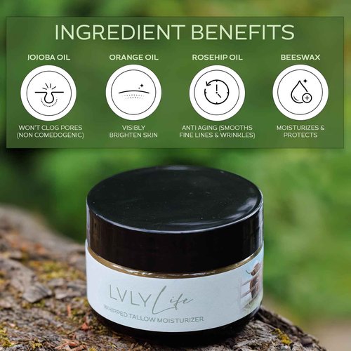 LVLY Life Whipped Beef Tallow Face Moisturizer - Grass Fed Grass Finished Beef- All Organic Ingredients - Natural, Hydrating Balm for Face + Body - Nourish and Soothe Sensitive Skin, 2 oz