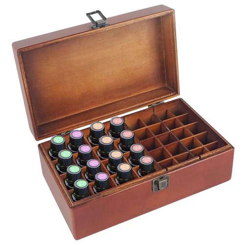 Pure Vie Wooden Essential Oil Storage Box Travel Organizer Case with Bottle Cap Label - Aromatherapy Nail Polish Fragrance Container, Holds 32 Bottle for 5-15ml - Keep Scented Oil Safe & Space Saver