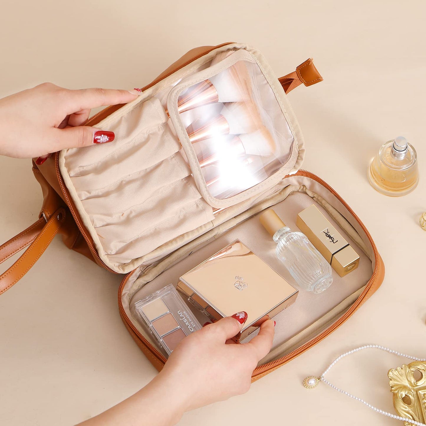 bagINBAG QIANPA Double Layer Travel Makeup Bag with Handle，Cosmetic Bag with Brush Compartment for woemn, Large Capacity Makeup Organizer Bag Waterproof