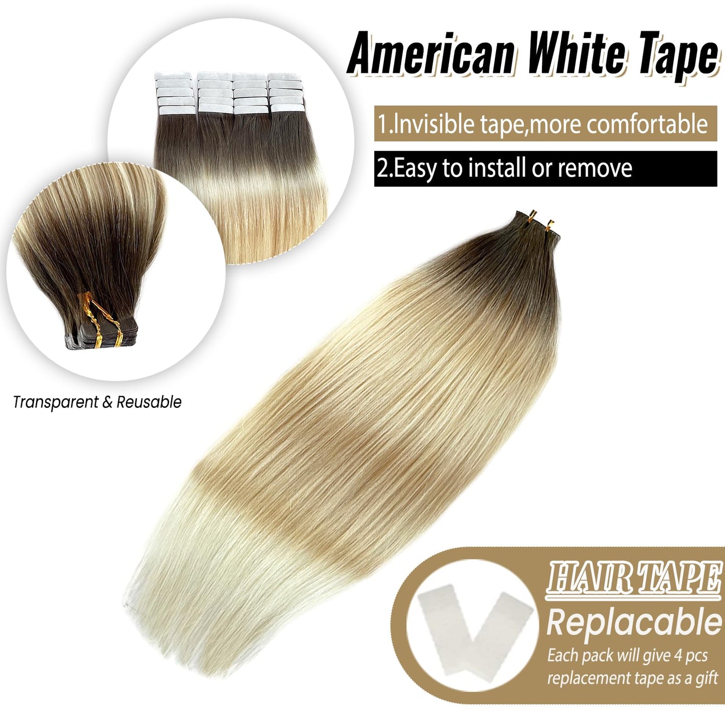 20inch Invisible Tape in Hair Extensions Human Hair Flax Brown to Platinum Blonde Tape Ins Human Hair Extensions Omber Platinum Blonde Human Hair Tape in Extensions 20pcs 50g/Pack