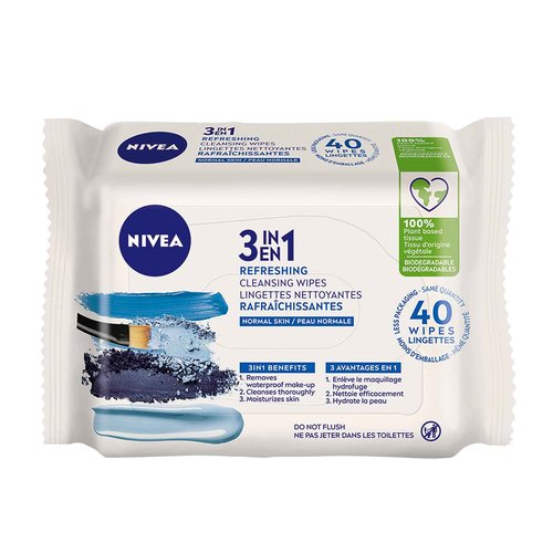 NIVEA 3-in-1 Refreshing Face Cleansing Wipes (40 Count), Normal/Combination Skin, Biodegradable, Plant-Based Fibres, Makeup Remover, Dermatologically Tested
