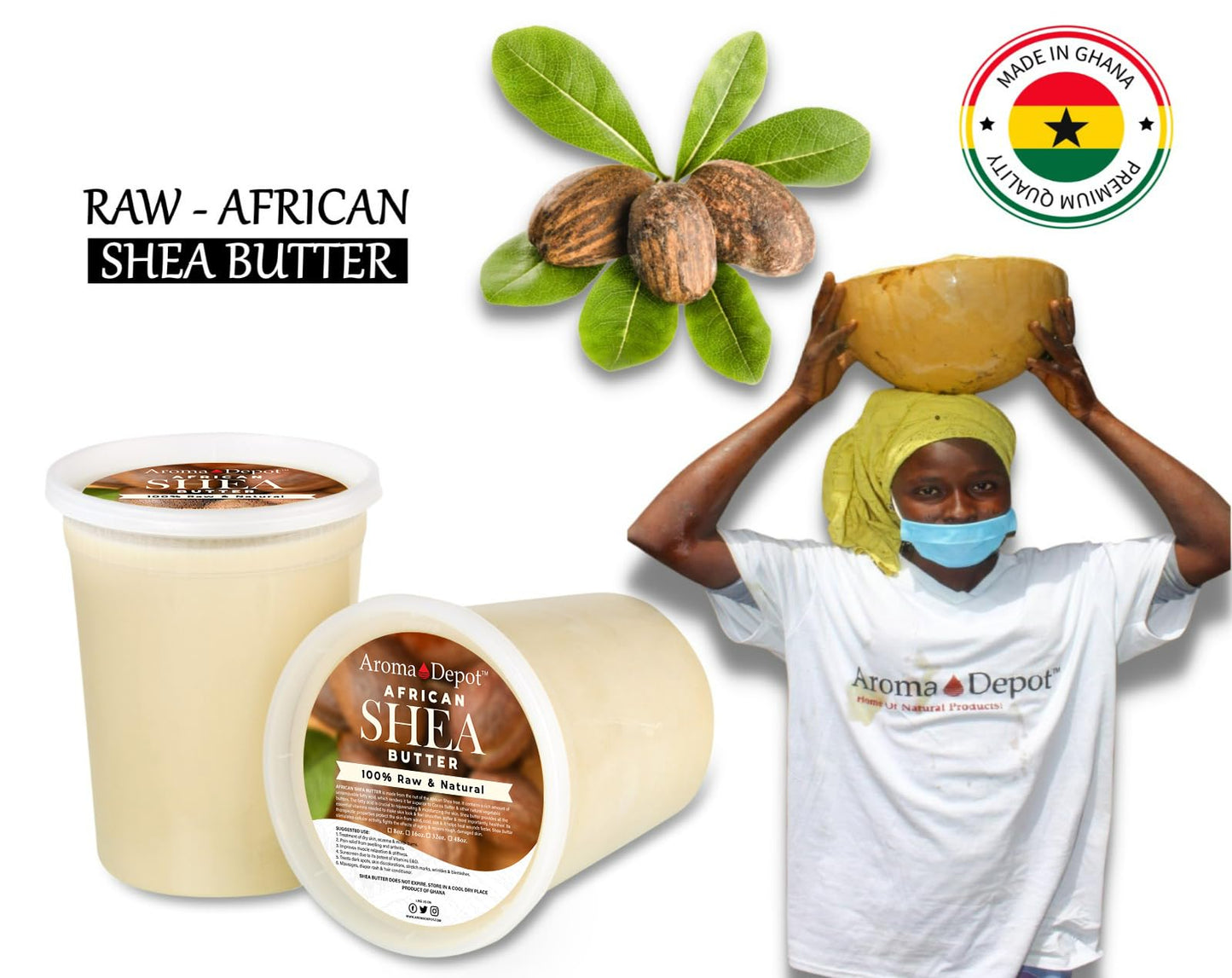 Raw African Shea Butter 32 oz. Container Ivory/White Grade A 100% Pure Natural Unrefined Fresh Moisturizing. Ideal for Dry and Cracked Skin. Can be use in Body, Hair and Face. (2 PACK)