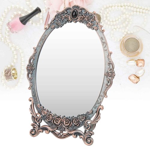 HEEPDD Vintage Rose Embossed Oval Cosmetic Mirror with Stand, Copper, 11x7.9 Inch, for Home Bedroom Bathroom