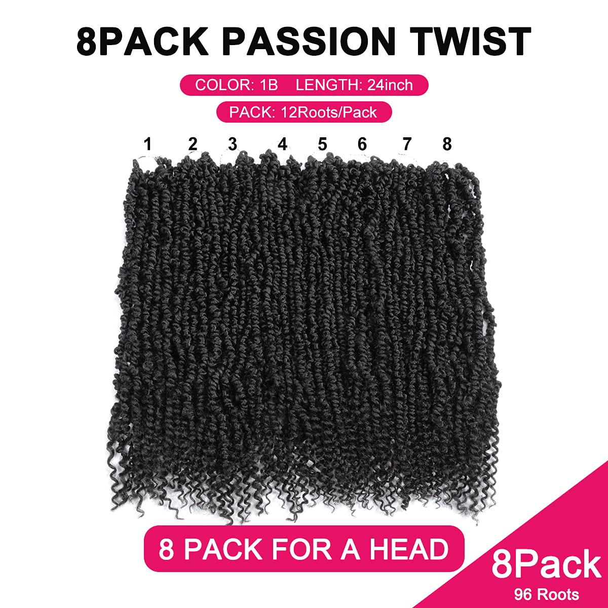 Passion Twist Hair - 8 Packs 24 Inch Passion Twist Crochet Hair For Black Women, Crochet Pretwisted Curly Hair Passion Twists Synthetic Braiding Hair Extensions(24 Inch 8 Packs, 1B)