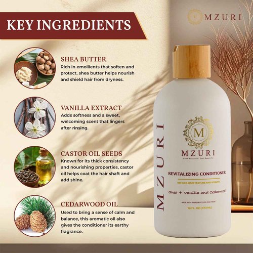 MZURI Revitalizing Conditioner with Shea Butter, Vanilla, & Cedarwood, Moisturizing, Hydrating, and Deep Conditioning Treatment for Frizzy, Dry, Hair, Restorative Leave-In Formula - 16 Fl. Oz