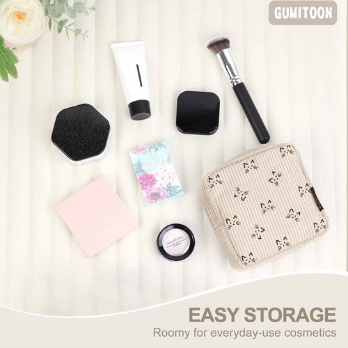 GUMITOON Small Makeup Bag Pouch for Purse Cute Cat Corduroy Mini Cosmetic Bag for Women with Slip-in Pockets Sanitary Napkin Pouch,Beige