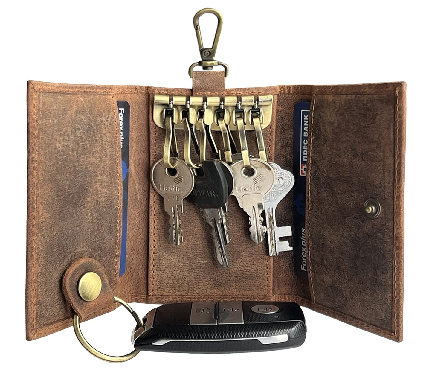 Leather Key Holder - Smart Fob Car Key Loop - Leather Key Pouch Wallet Slim Keychain with 6 Key Holder - Stylish and Practical Key Organizer for Men and Women