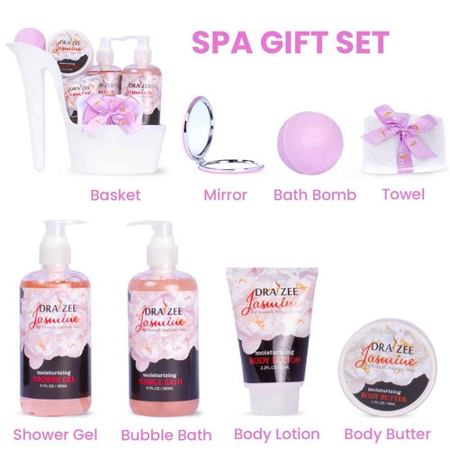 Luxury Spa Gifts for Women – 8 Pc Jasmine Scented Bath and Body Set with Bubble Bath, Lotion & More – Luxury Self Care Kit for Wife, Mom, Girlfriend, Christmas & Birthday Gifts for Women by Draizee