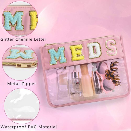 Chenille Snack Bags Letter Clear Snacks Pouch, Preppy Medicine Bag for Travel, Waterproof MEDS Makeup Cosmetic Bag Monogram Nylon and PVC Flat Stadium Purse with Zipper for Women/Girl (Pink MEDS)