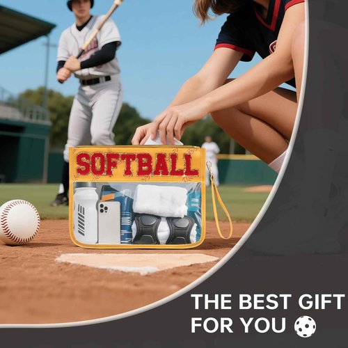 Softball Gifts Makeup Bag, Softball Stuff Accessories, Portable Toiletry Storage Bag with Chenille Letter Clear Zipper Toiletry Pouch