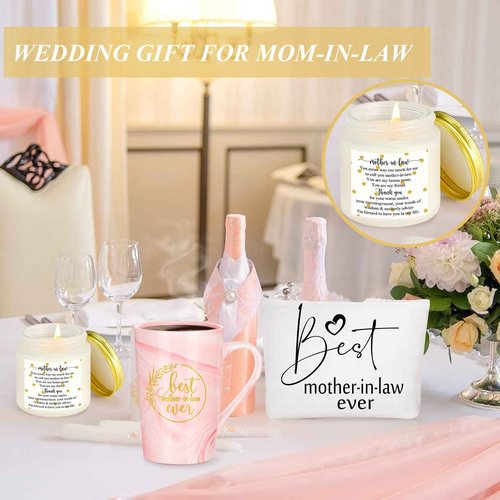 Lallisa 4 Pcs Best Mother-in-Law Ever Gift Box Coffee Mug Lavender Scented Candles Makeup Bags for Mother's Day Birthday Gifts from Daughter-in-Law Son-in-Law