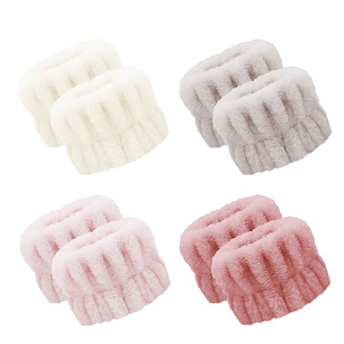 Hosslearlear 4 Pairs Wrist Bands for Washing Face, Microfiber Wristbands for Women Skin Care Preventing Water from Spilling Down Arm, Multicolor (Beige, Mica, Pea red, Pink)