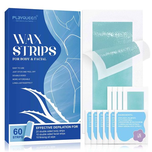 Wax Strips,10 Calming Oil Wipes Hypoallergenic For Hair Removal, For Women and Men, Face Waxing Kit For Women, Body Wax Strips - Brazilian Waxing, Suitable For All Skin Types（60 Count）