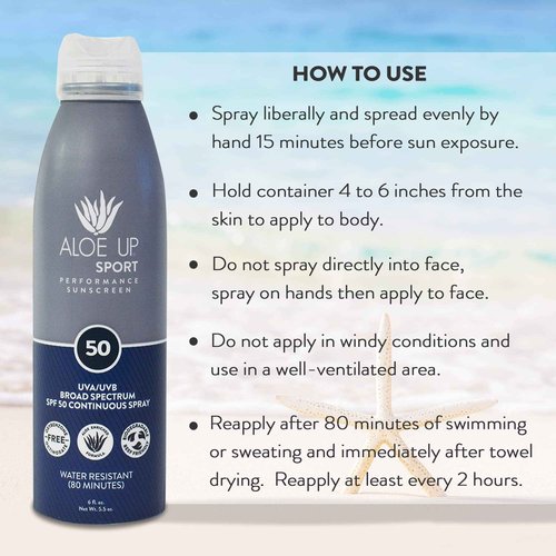 ALOE UP Sport Continuous Spray Sunscreen SPF 50 - Broad Spectrum UVA/UVB Sunscreen Protector for Face and Body - With Aloe Vera Gel - Fast Absorbing Sheer Formula - Reef Safe - Fragrance-Free - 6 Oz