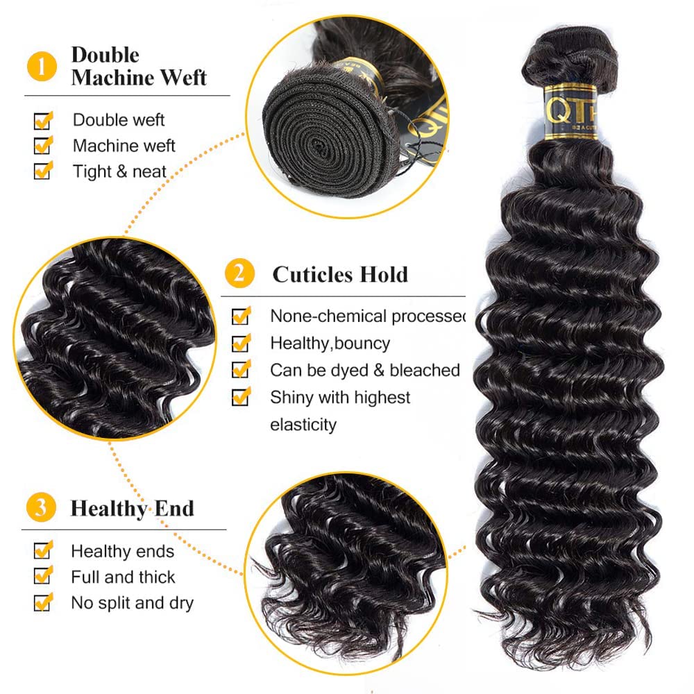 QTHAIR 14A Brazilian Deep Wave Bundles with Closure Virgin Human Hair Bundles with Closure 4x4 Lace Natural Color for Black Women 100% Unprocessed Deep Wave Human Hair(14 16 16+12)