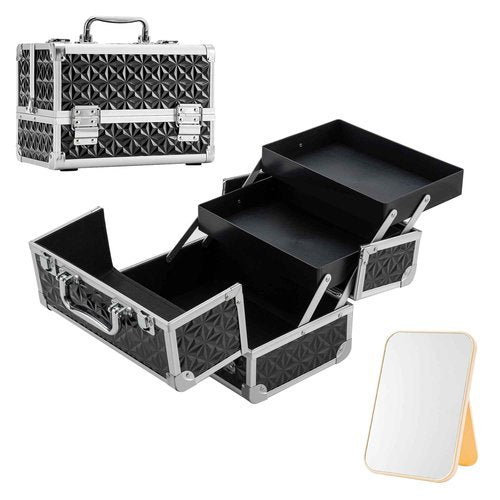 Leeora&Leekoo Makeup Train Case with Lighted Mirror,Portable Makeup Box Organizer (Black)