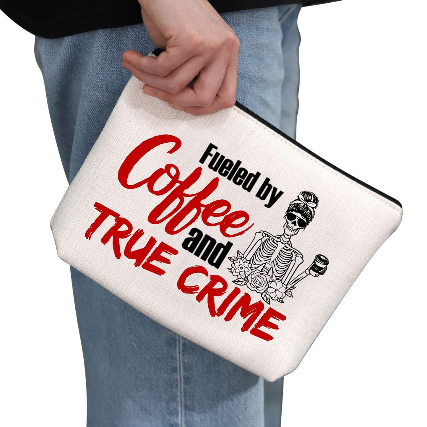 G2TUP True Crime Junkie Gift Fueled by Coffee and True Crime Makeup Bag Cosmetics Bag Crime Show Gift Murder Show Travel Bag