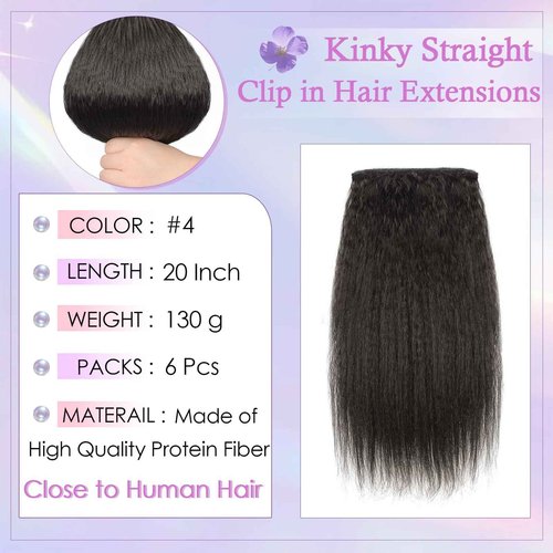 HAFTALUV Kinky Straight Clip in Hair Extensions 130g 6Pcs Protein Fiber Close to Human Hair Clip in for Black Women Full Head Double Weft 20inch #4