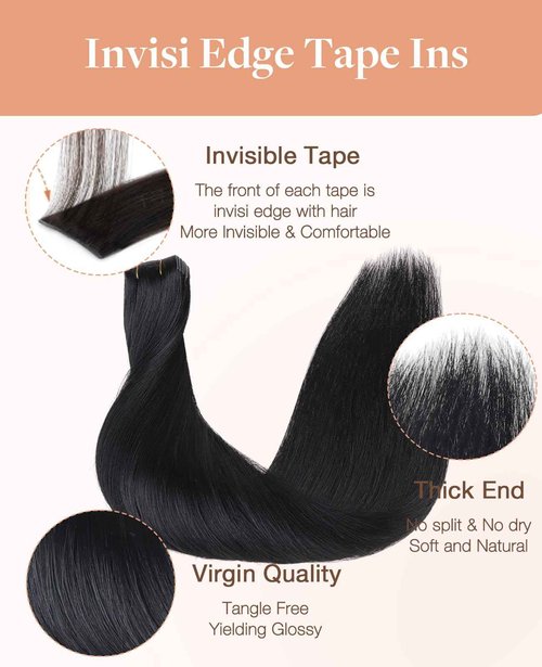 GOO GOO Invisi Edge Tape in Hair Extensions Human Hair, 1 Jet black 20pcs 14inch 50g, Virgin Remy Hair, Seamless Injected Tape, Natural Look