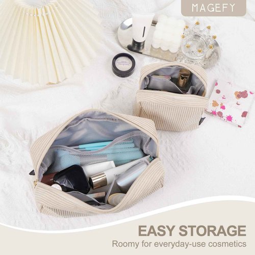 MAGEFY Makeup Bag for Purse, 2 Pcs Corduroy Cosmetic Bag for Girls Women Small Travel Makeup Pouch with Zipper(Beige)