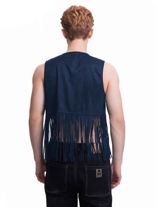 WDIRARA Men's Open Front Sleeveless Fringe Hem Party Club Jacket Vest Outerwear Navy Blue Solid S