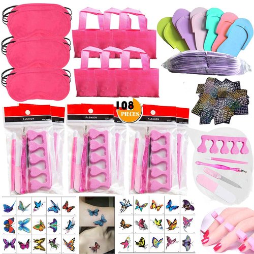 108PC Spa Party Favors Supplies for Girls, Multiple Spa Birthday Prize Item- Spa Pedicure Slipper Tote Bag Mini Emery Board Toe Separator Body Flower Mixed Nail Decal Set, Perfect Gift for Spa Day