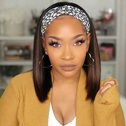 Celiarita Highlight Straight Headband Wig Human Hair Wigs #P2/30 Glueless None Lace Front Machine Made Brazilian Virgin Ombre Straight Human Hair Headband Wigs for Black Women 12 Inch