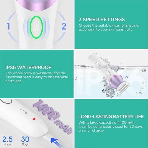 VOYOR Electric Razors for Women 4 in 1 Bikini Trimmer, Foil Shaver for Women 4 Replacement Heads for Body, Pubic Hair Trimmer, Cleansing, Massage 2 Adjustable Speeds Rechargeable Shaver ES501 (Purple)