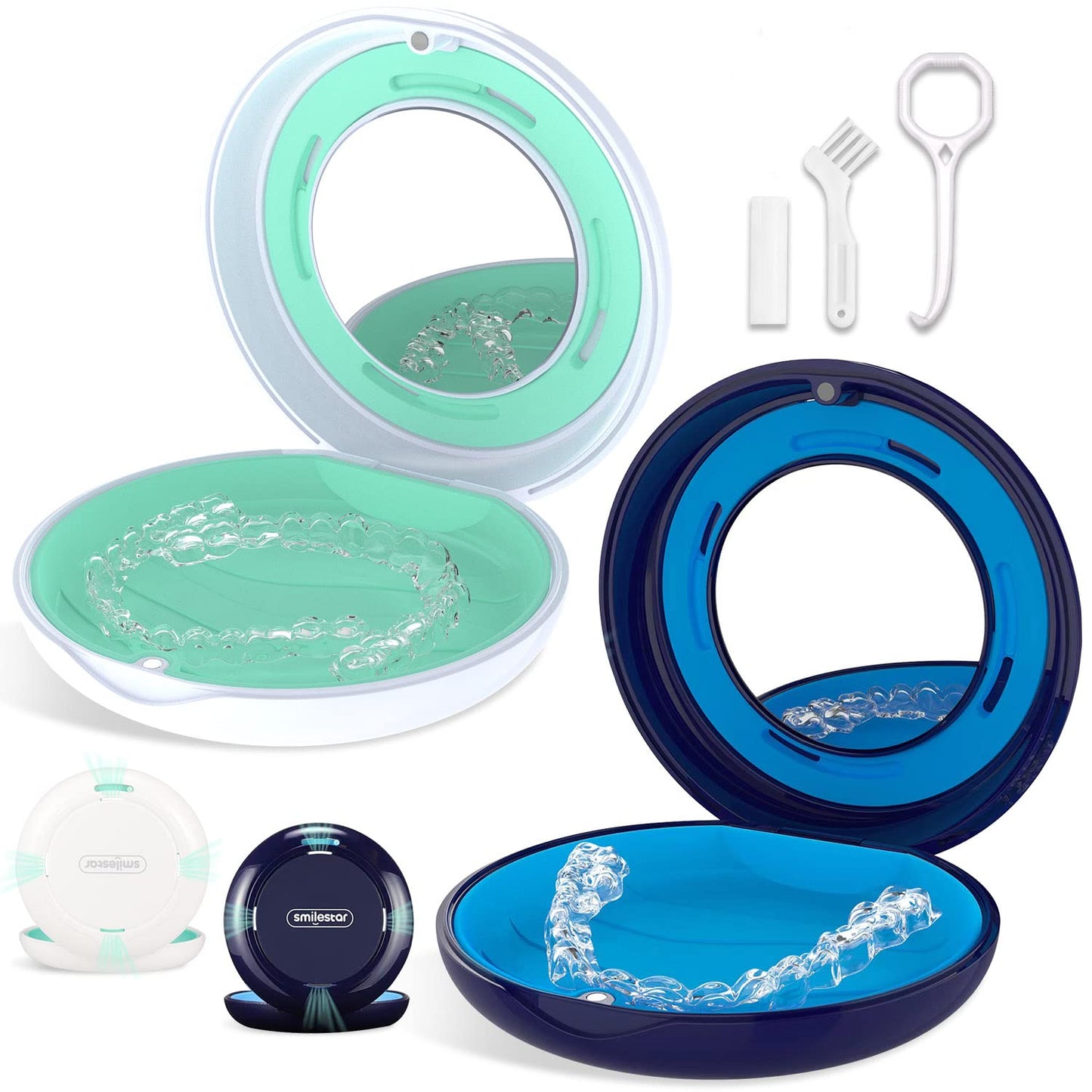 2PCS Retainer Case with Mirror and Adjustable Vent Holes, Cute Slim Aligner Case Compatible with Invisalign, Night Mouth Guard Case, With Retainer Remover Tool, Chew & Brush, White+Blue