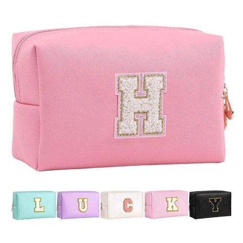Letoileite Personalized Preppy Patch Makeup Bag Waterproof PU Leather Travel Toiletry Bag with Zipper，Cosmetic Bag Women Friend Birthday Christmas Gifts