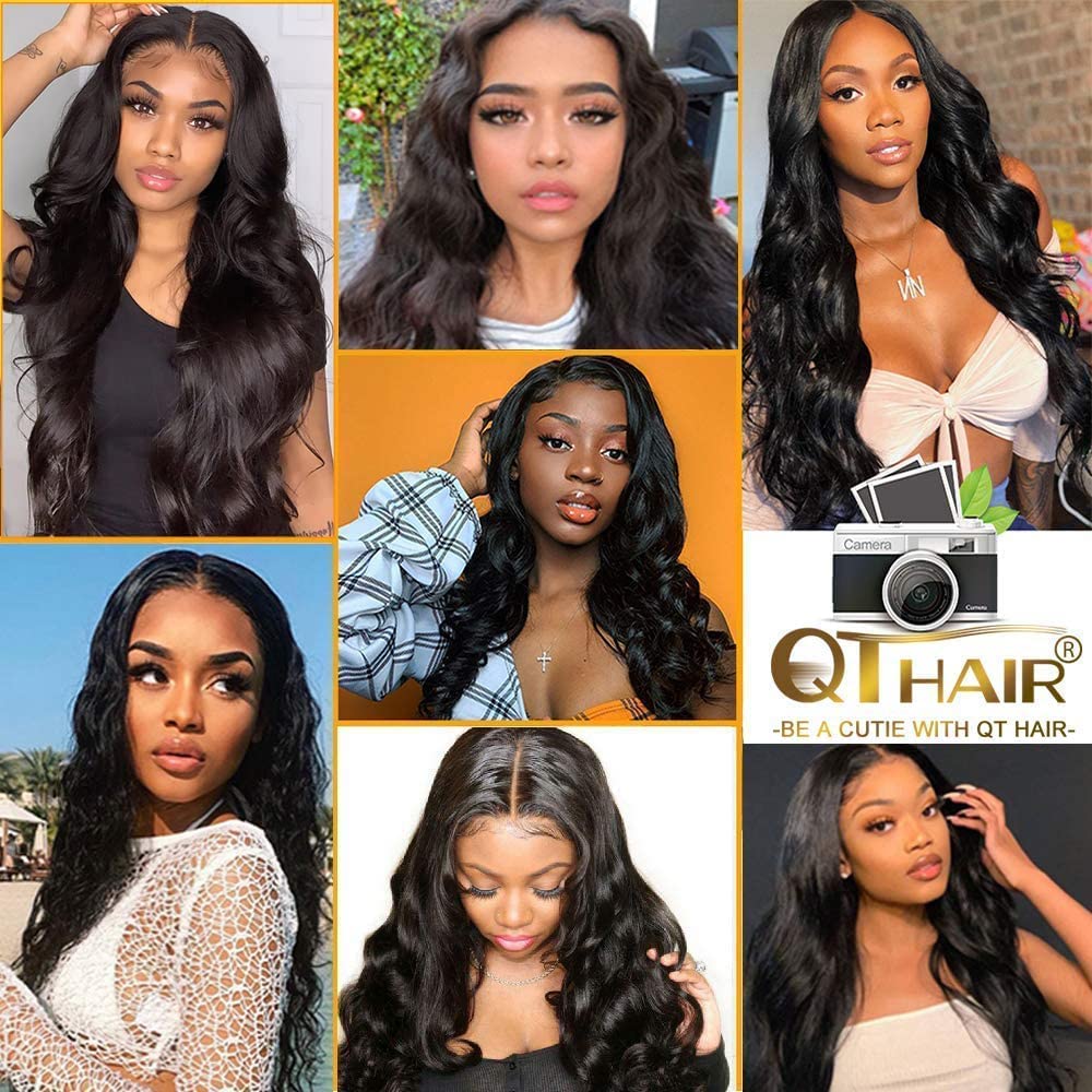 QTHAIR 14A Grade Brazilian Body Wave Human Hair Bundles with Closure Human Hair Weave with Closure (14" 16" 18" with 12") 100% Unprocessed Brazilian Virgin Hair 4x4 Swiss Lace Closure