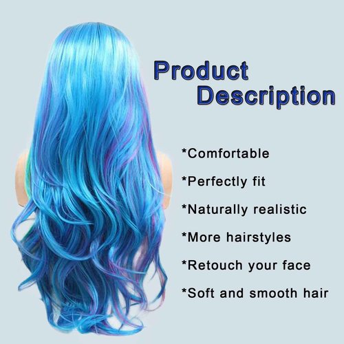 AFBeauty Lace Front Wig Highlight Blue Purple Colorful Wavy Ombre Wigs for Women Lace Frontal Pink Green Wig Synthetic Heat Resistant Natural Loose Wave Glueless Lace Wigs 24 Inch Daily Party Cosplay