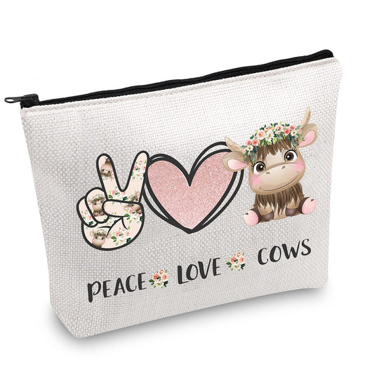 JXGZSO Cow Pattern Makeup Bag Peace Love Cows Cosmetic Bag With Zipper Cow Gift For Cow Lover Cattle Owner Animal Lover