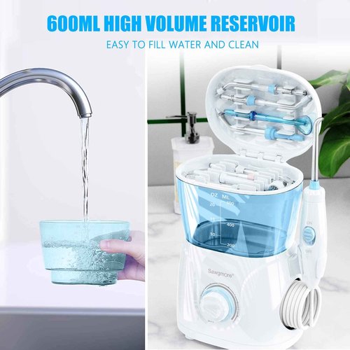 Sawgmore Water Flosser Oral Irrigator, 600 ml Large Capacity, 10 Adjustable Pressures, Electric Flosser for Teeth/Braces, 8 Home Nozzles Oral Irrigator(White)