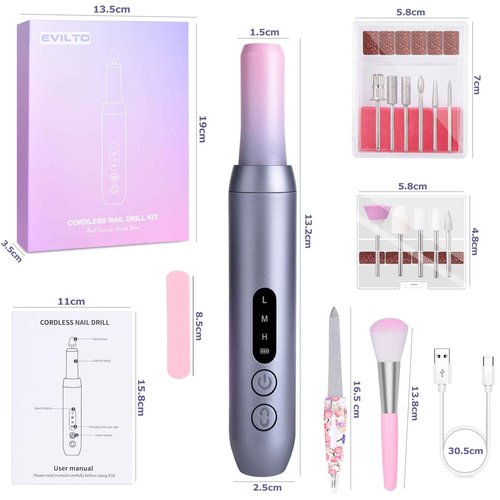 EVILTO Electric Nail Files Cordless, Professional Nail Drill LCD Display with 12 Bits 30000RPM Rechargeable Manicure Pedicure EFile for Gel Nail Polish Acrylic Nails Thick Toenails Removal, Grey Pink