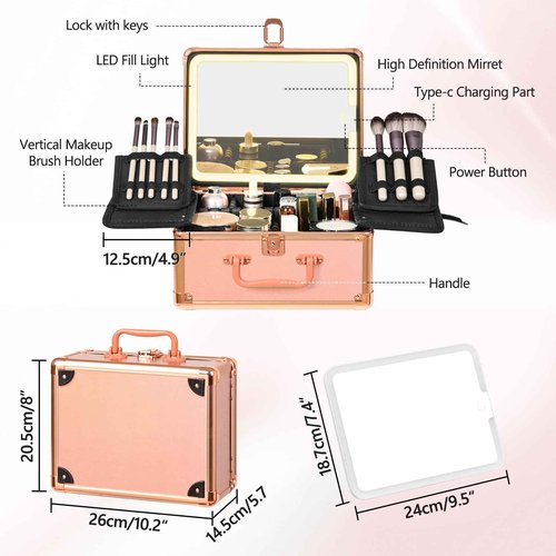 GALHUBIS Makeup Case with Lighted Mirror, Makeup Box Organizer with Detachable LED Mirror, Travel Makeup Train Case, Waterproof Cosmetic Organizer, Standing Brush Holder, Gift, Rose Gold