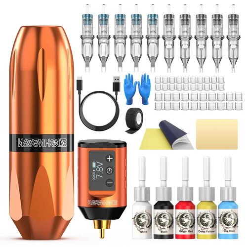 Tattoo Gun Kit, Wormhole Tattoo Kit Wireless Tattoo Machine Kit with 1,500 mAh Capacity Wireless Power Supply Digital LED Display Tattoo Pen Kit WTK257