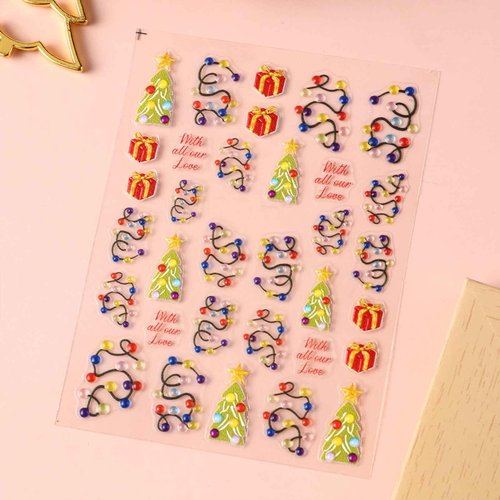 IDDFEVE 2 Sheets Embossed Christmas Nail Stickers, 5D Colorful Light String Self-Adhesive Nail Art Decals for Women Girls DIY Winter Xmas Tree Manicure